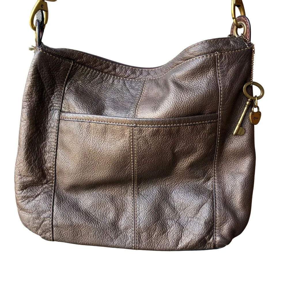 Fossil Morgan Metallic Bronze Gold Pebbled Leather Crossbody Bag Large